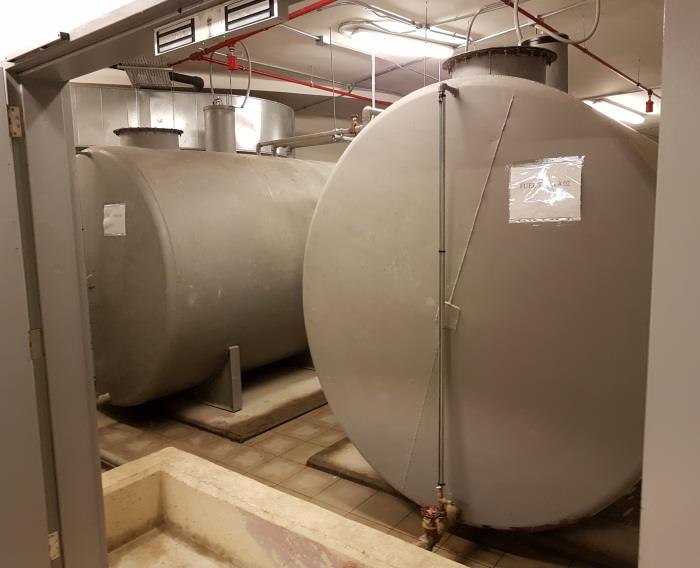 Fuel oil storage tanks in plant room